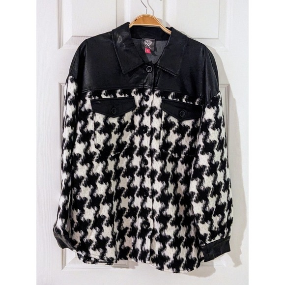 Vince Camuto Houndstooth Shacket Faux Leather Trim Jacket Button Down L NWT $149 - Picture 3 of 12